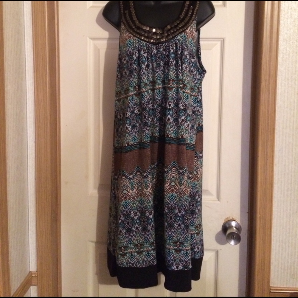 Brown, black and turquoise dress