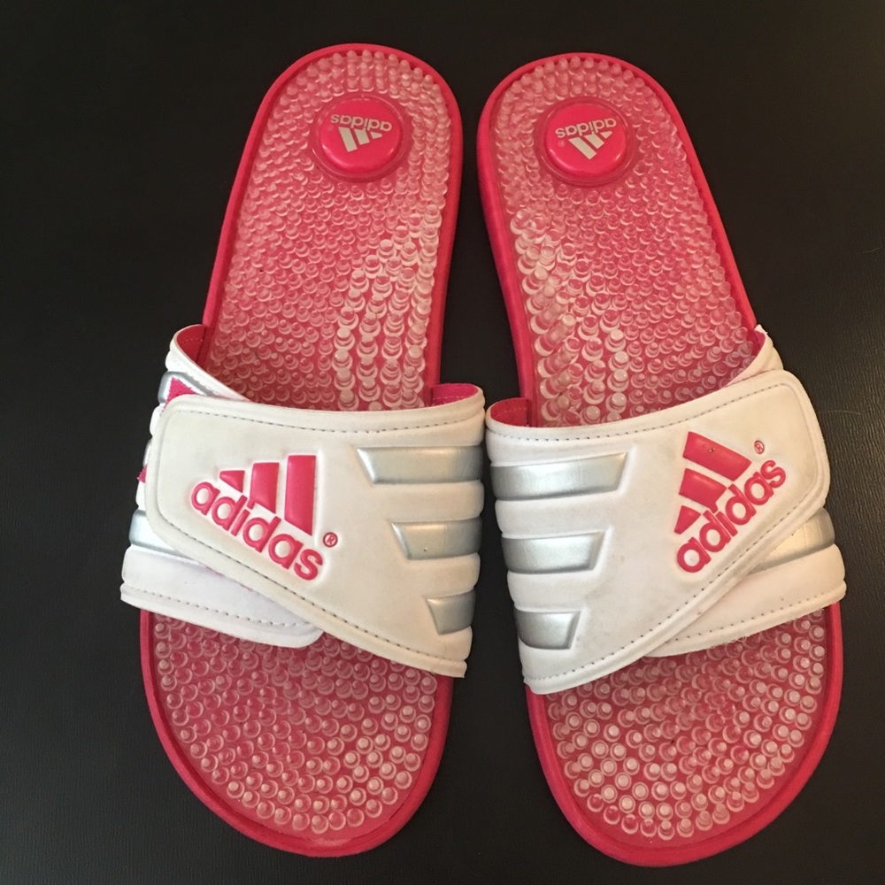 White and Pink Adidas Slides