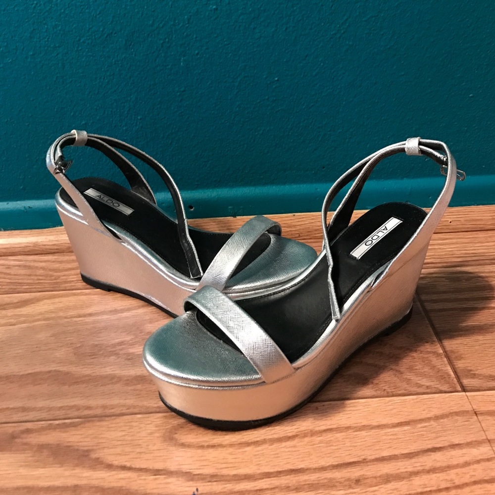 Aldo Flatform Silver Sandals.