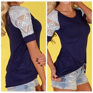 Blue with white crochet / lace sleeves