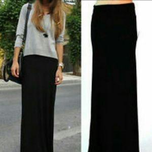 Casual Solid Black Cotton Maxi Skirt
