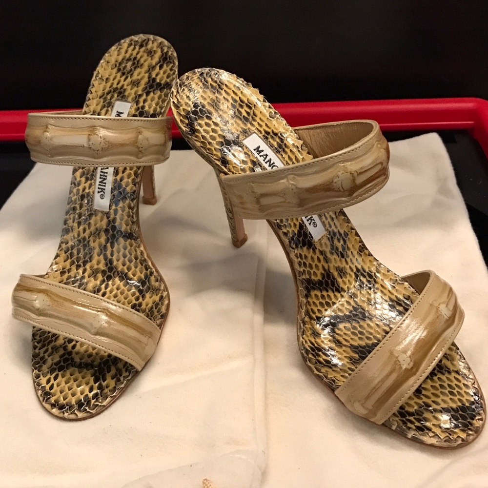 Manolo Blahnik Snakeskin Bamboo detail sandals