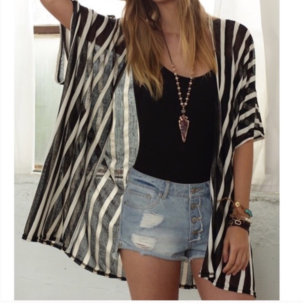 Black White Stripe Transparent Kimono Vest