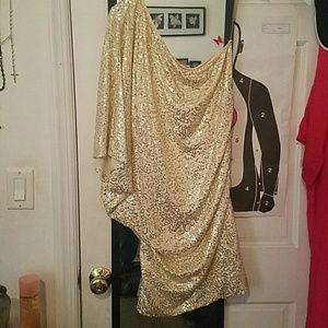 One shoulder gold and white sequin dress