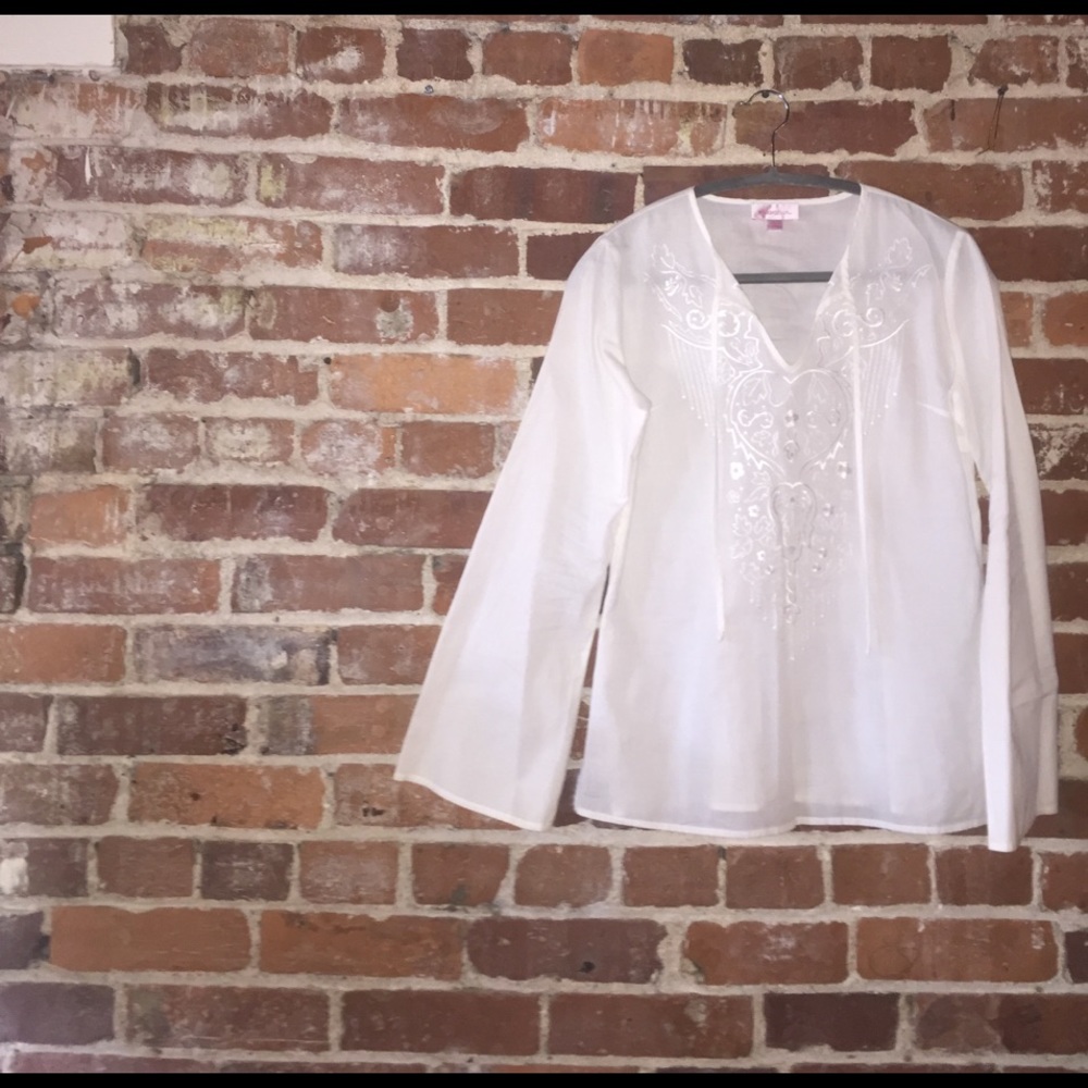 Boho white woven embroidered tunic NWOT