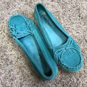 Minnetonka moccasins in turquoise