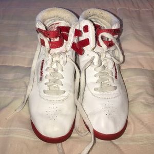 White and red Reebok high top sneakers