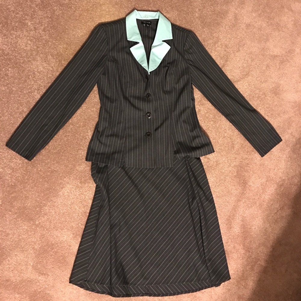 Grey, mint green, pinstripe suite