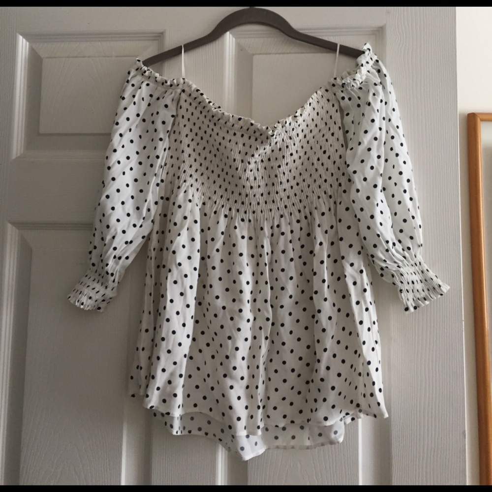 Polka dot open shoulder strapless top