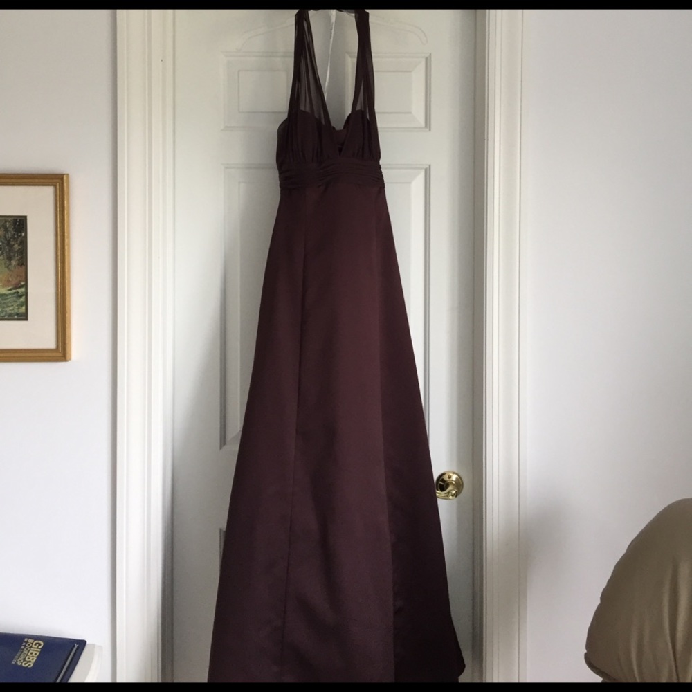 Dark brown satin and chiffon gown, David's Bridal