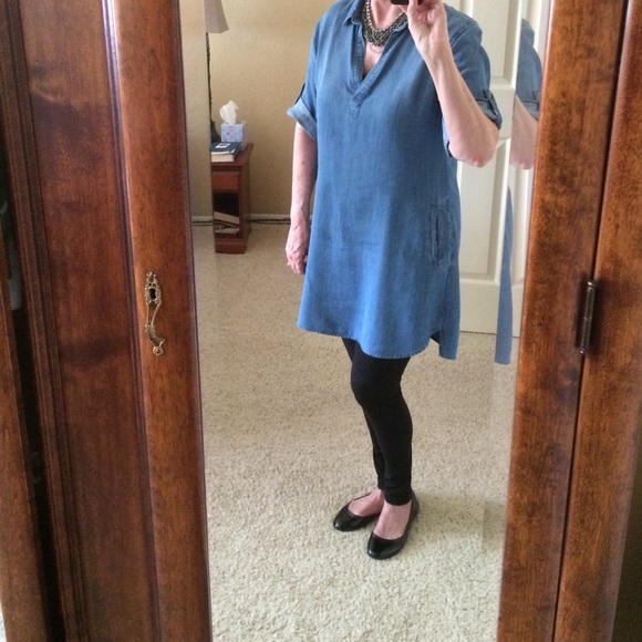 denim dress with leggings