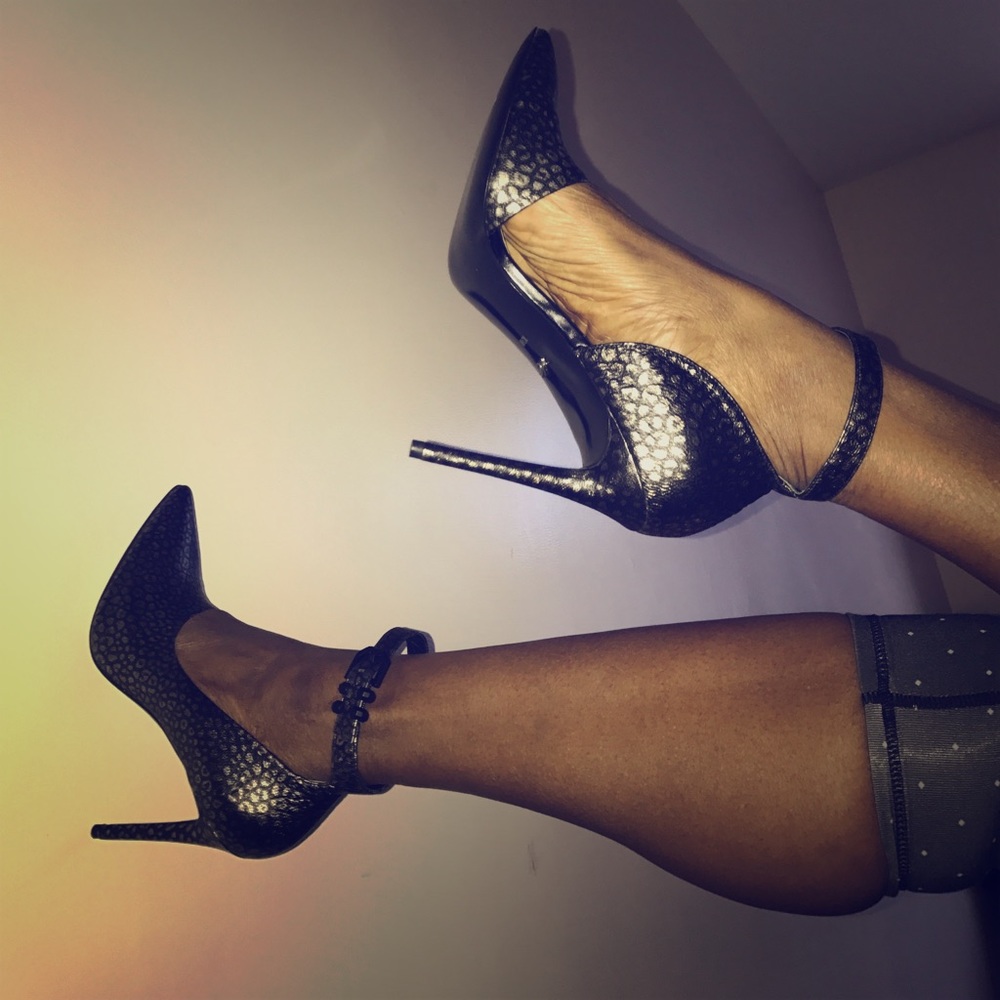 Black and silver high heels.