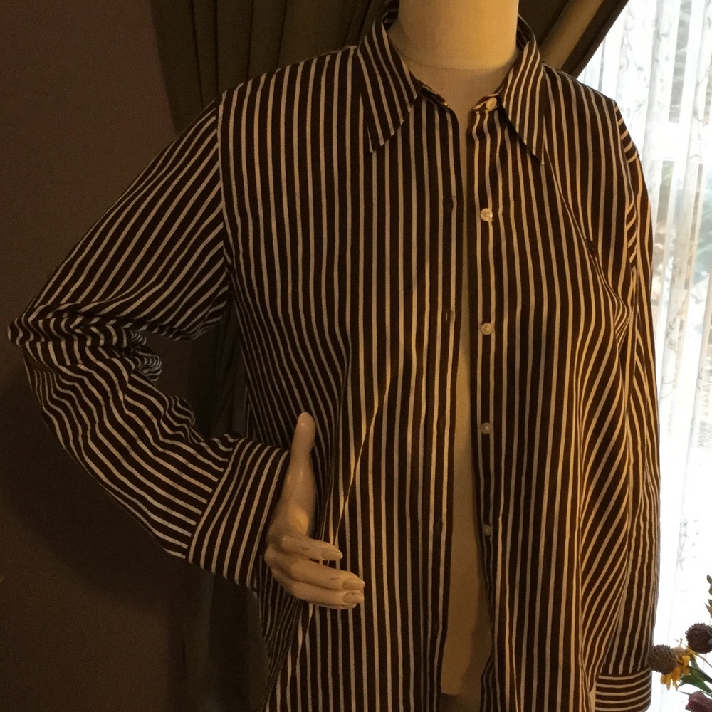 Chaps chocolate brown stripe blouse L