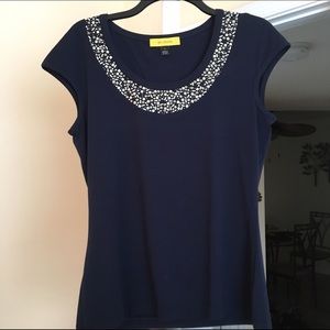 ST. JOHN Navy Blouse, Embellished Collar, Size M