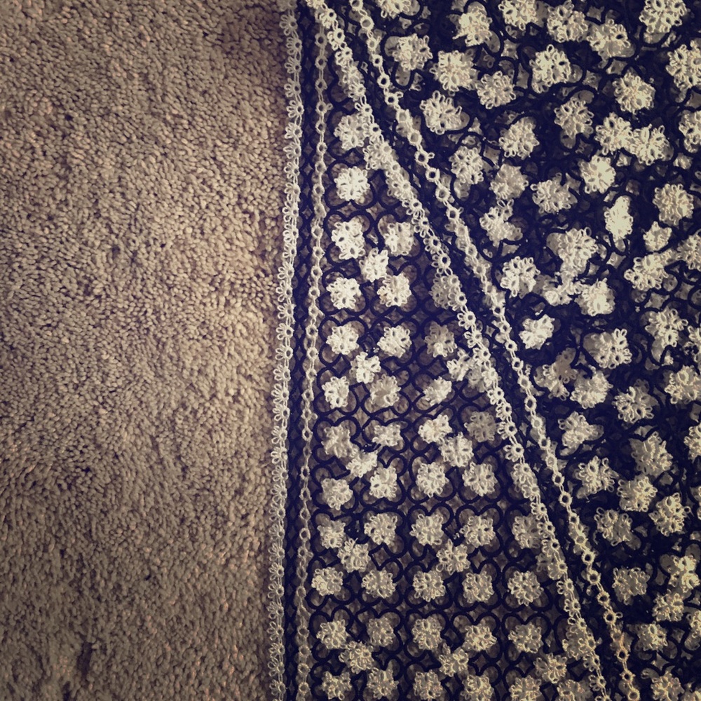 Hand knitted intricate black & white floral scarf