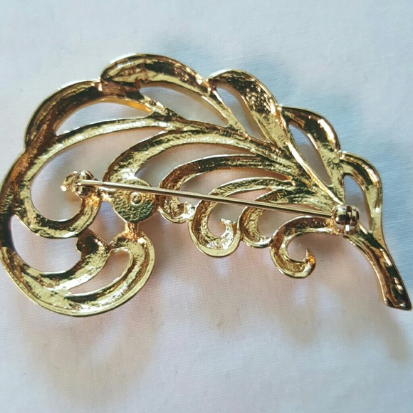 SOLD Gold Feather Pin Brooch Crystal Fashion - Picture 2 of 3