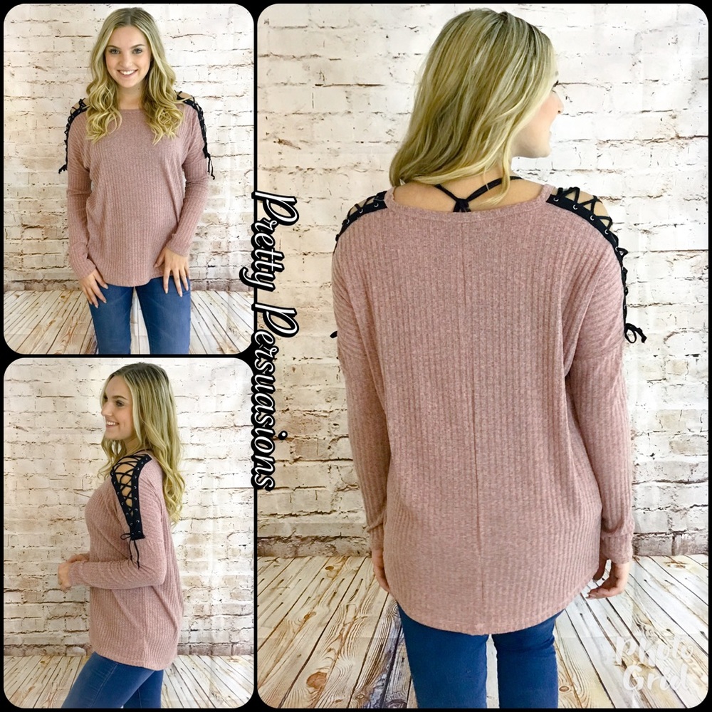 SALE🎉NWT Mauve Lace Up Shoulders Long Sleeve Top - Picture 6 of 8