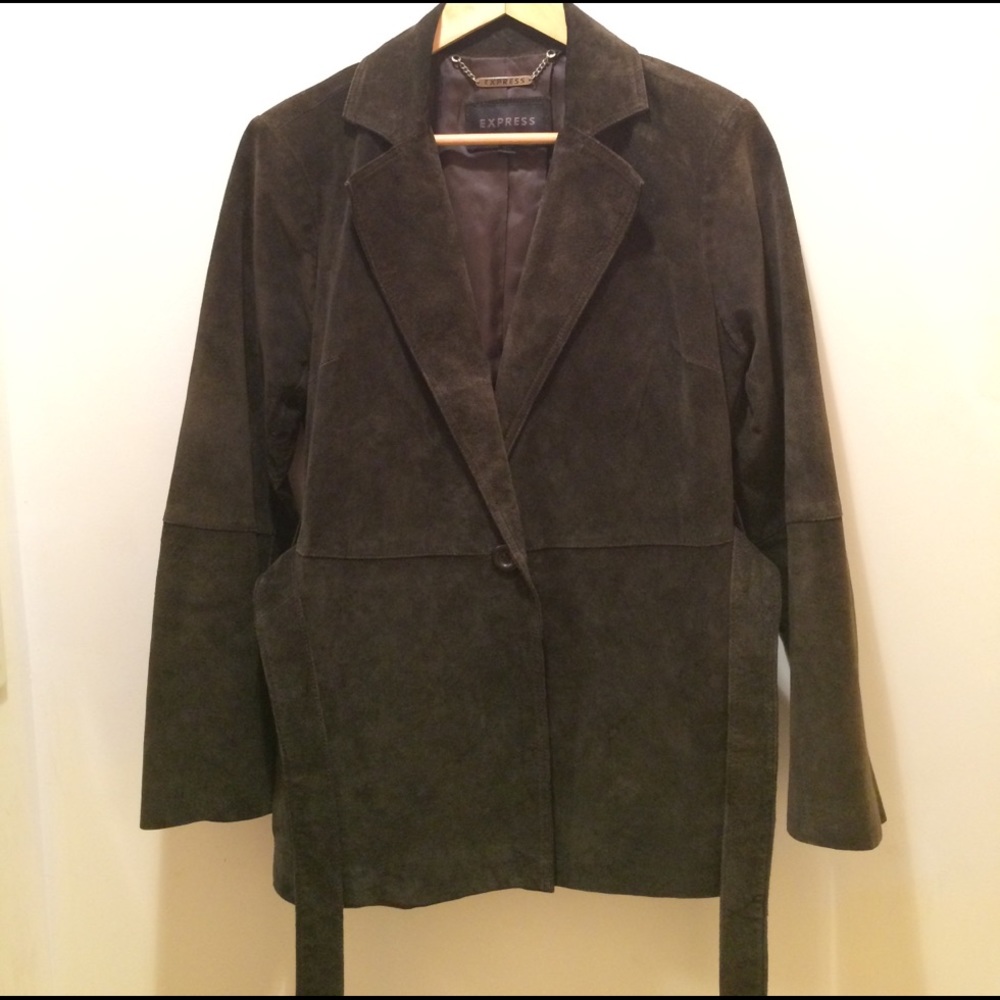 Express dark olive suede jacket with belt