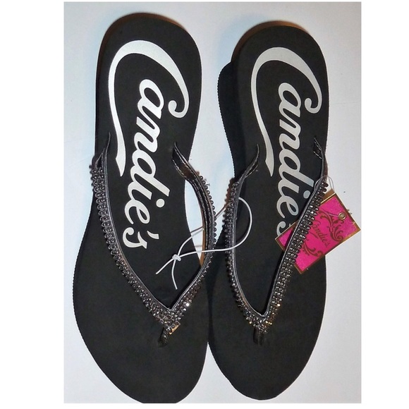 Candie’s Black Rhinestone Thong Wedge Sandals NWT - Picture 2 of 2