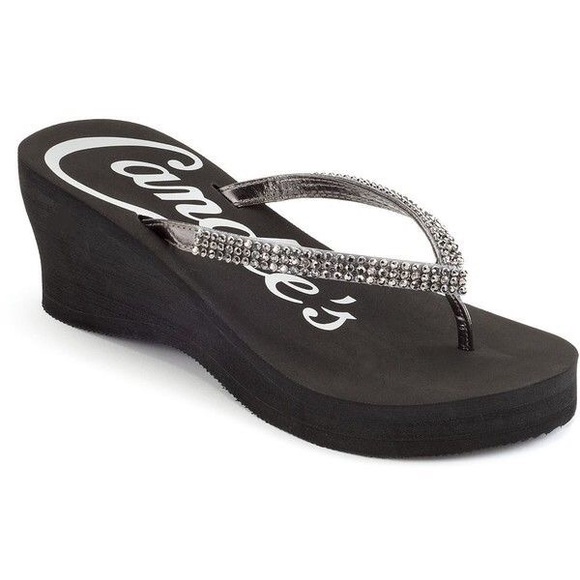 Candie's Shoes - Candie’s Black Rhinestone Thong Wedge Sandals NWT
