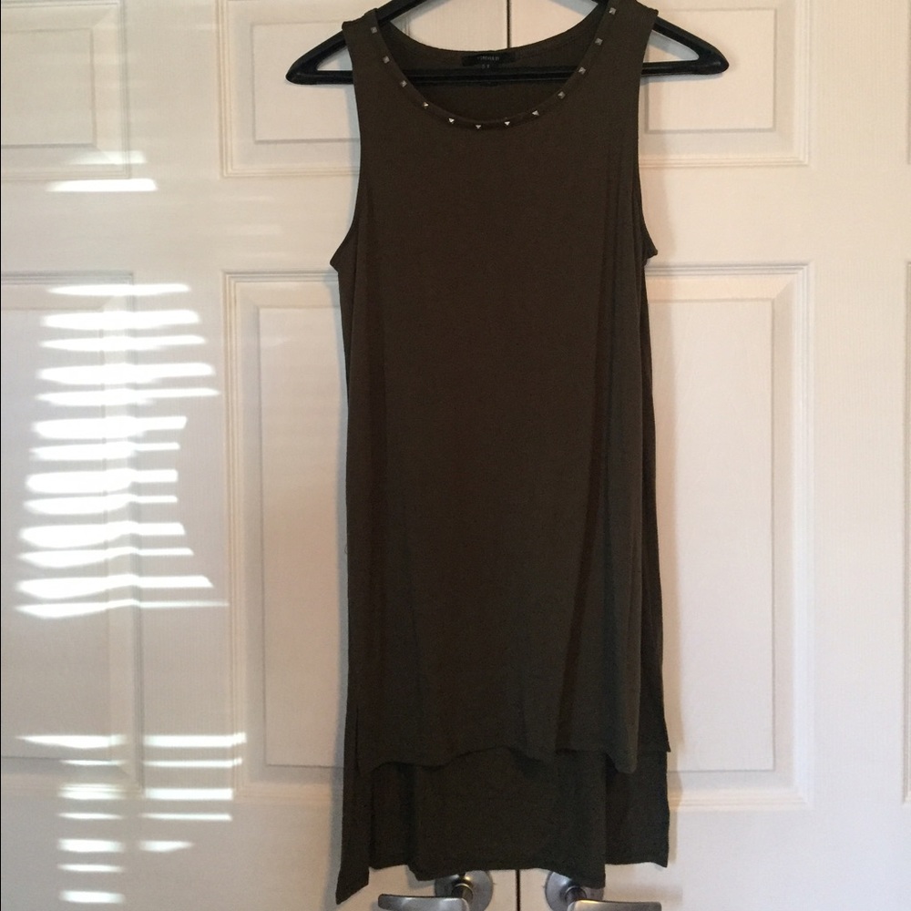 Army green jersey knit dress w/ studded detailing.