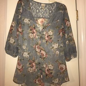 Flower printed blouse with lace. Dusk blue color