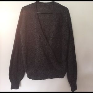 Grey, cross front sweater.