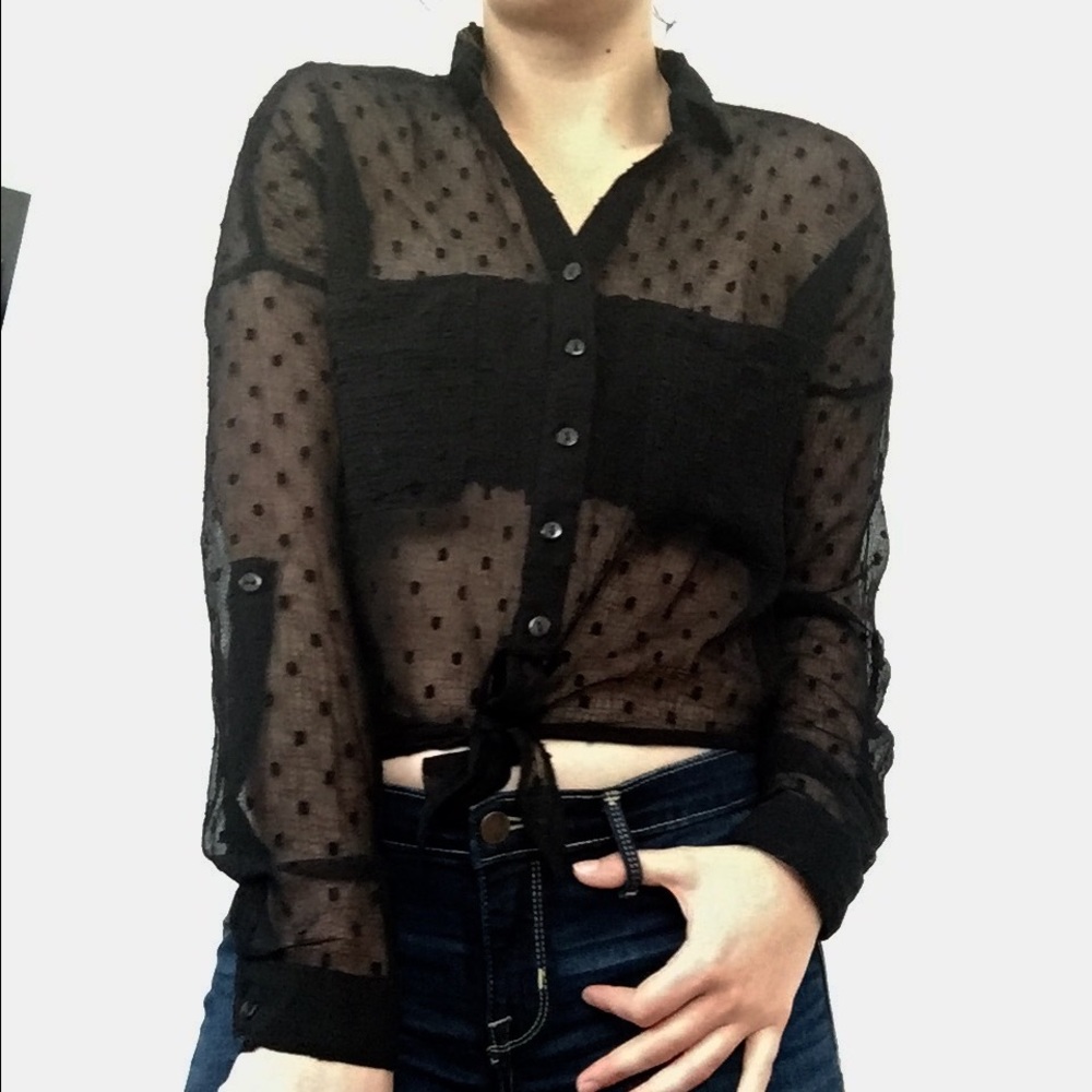 Sheer polka dot tie long sleeve