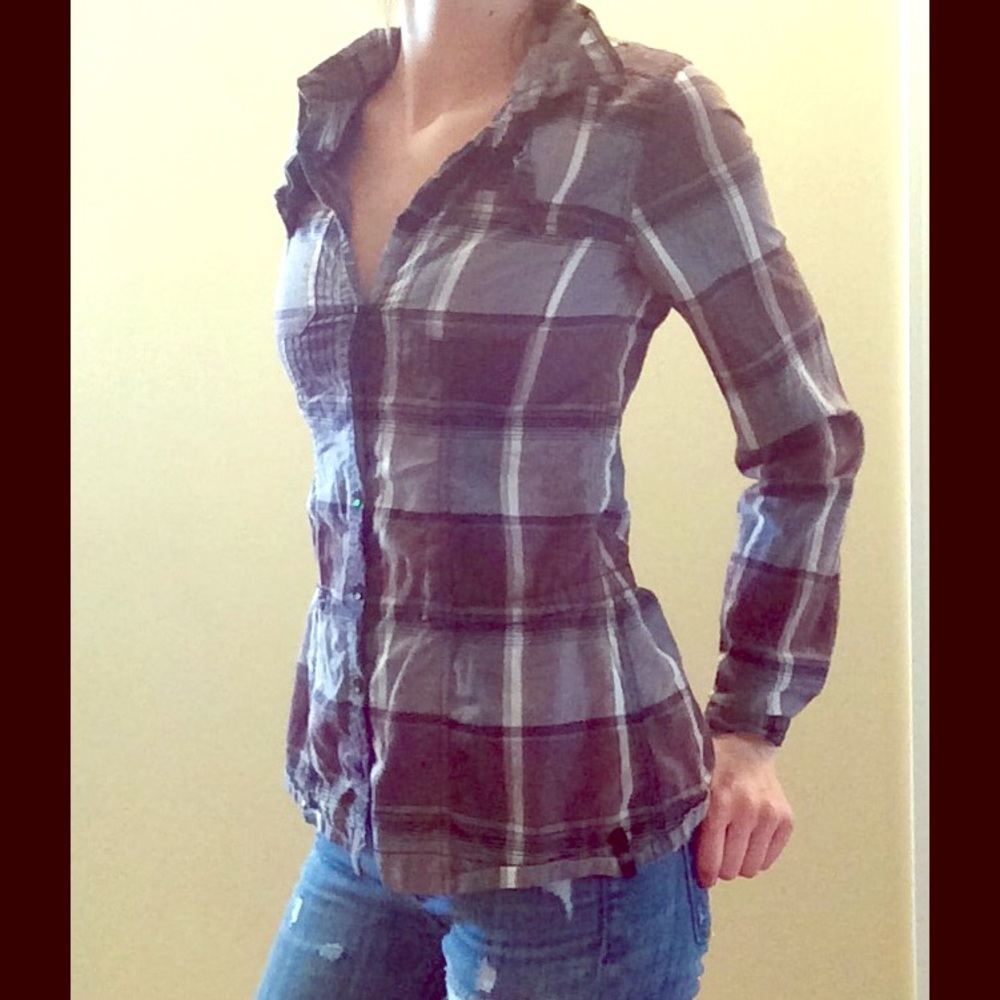 Plaid Button Down Shirt Grey Brown Black White