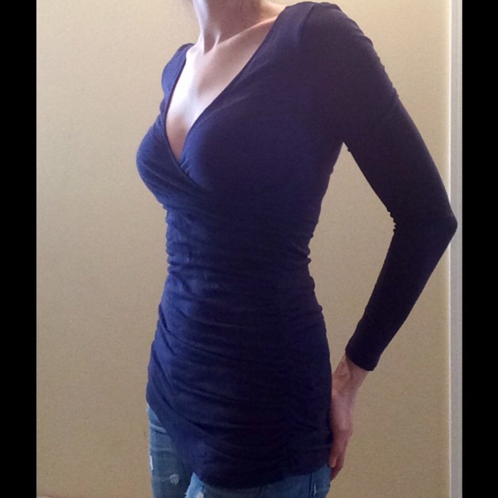 Dark Blue Faux Wrap Long Sleeve Shirt