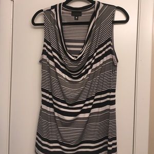 Black and light gray striped cowel-neck tank