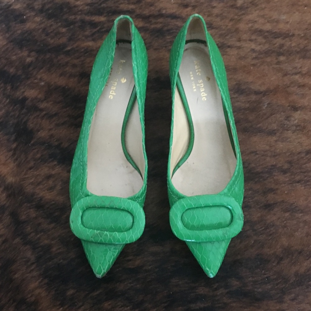 Kate Spade green snakeskin kitten heels