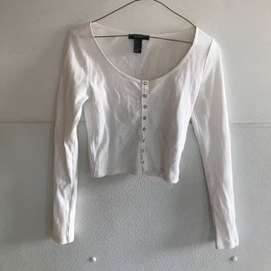 Cropped White Ribbed Snap Up Top