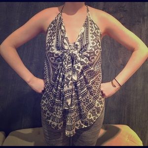 black and white ikat pattern halter top. 100% silk