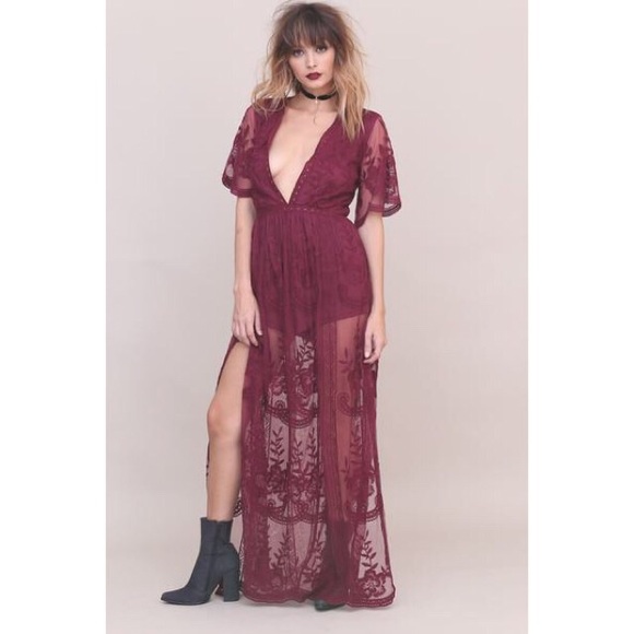 Nasty Gal Dresses & Skirts - ✖️SOLD✖️Wine Lace Overlay Romper Maxi Dress