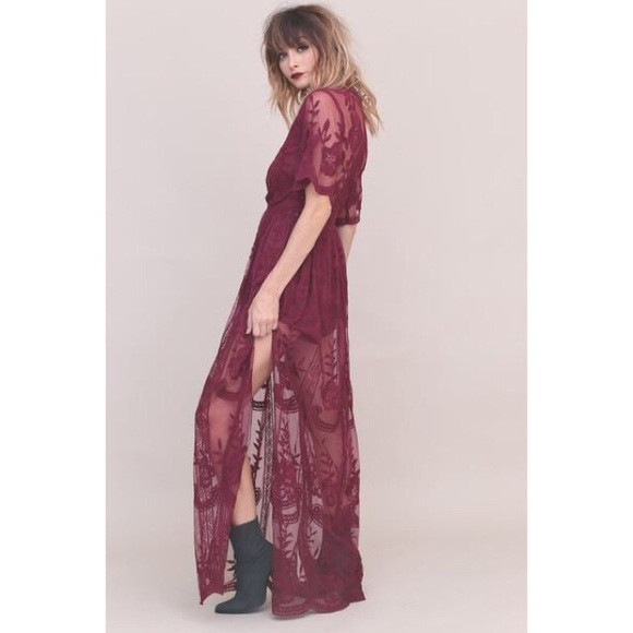 ✖️SOLD✖️Wine Lace Overlay Romper Maxi Dress - Picture 2 of 4