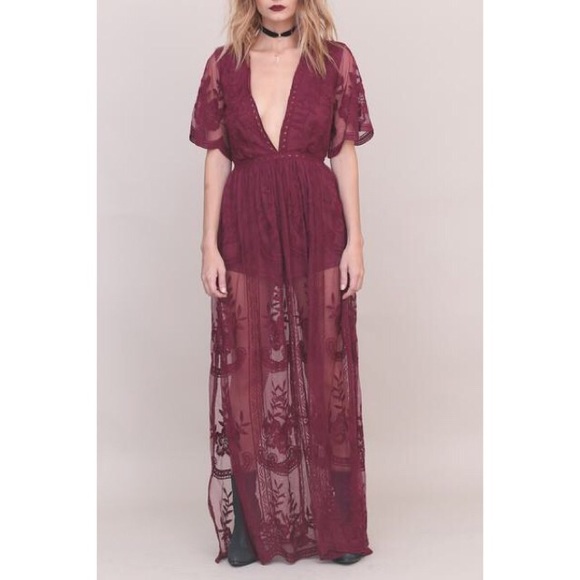 ✖️SOLD✖️Wine Lace Overlay Romper Maxi Dress - Picture 4 of 4