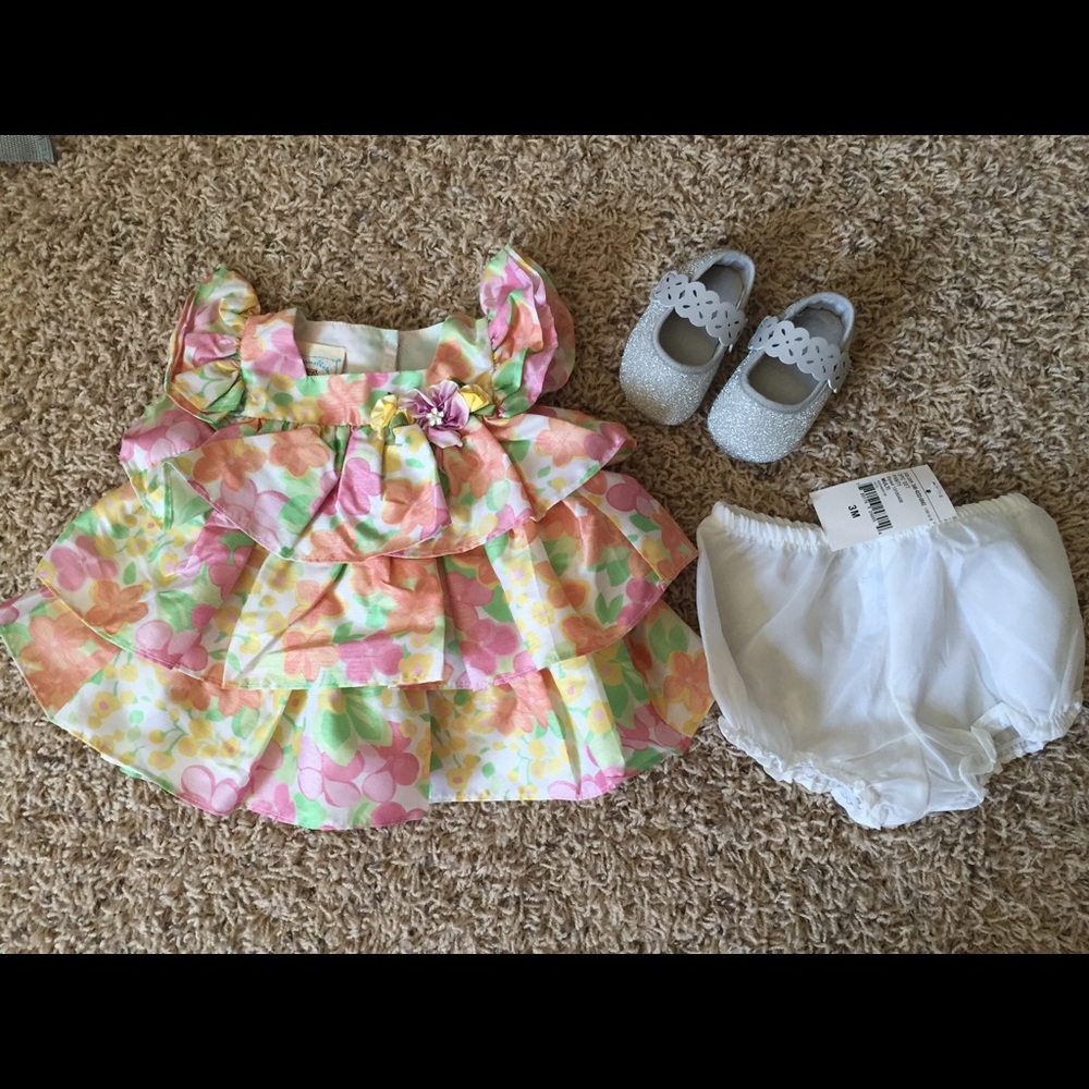 Floral sateen tiered dress.Shoes included! 3 mo