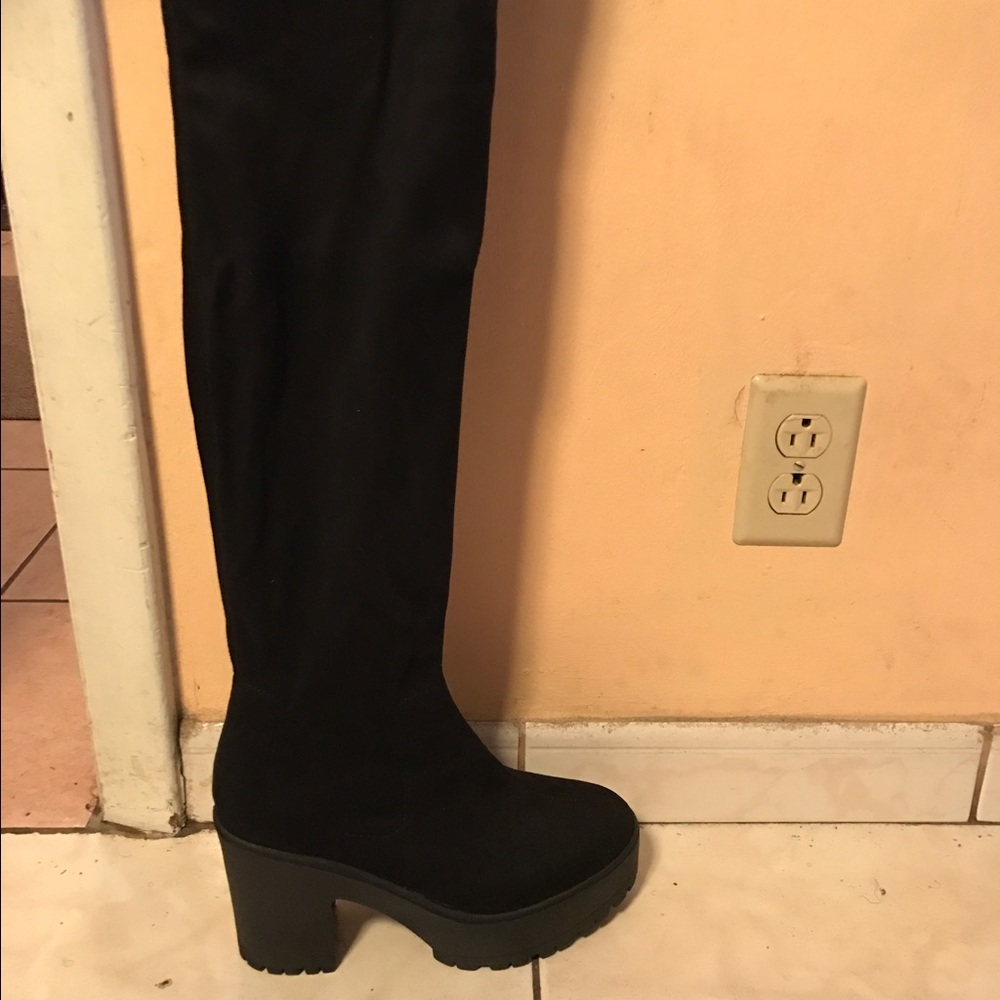 Over the Knee Black Chunk Heel Boot