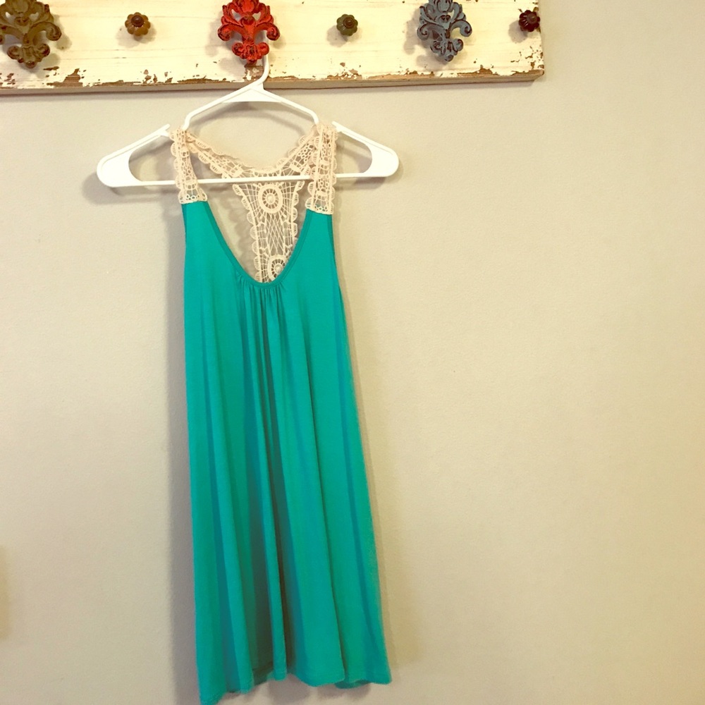 Teal Paper Moon tank with crochet racerback
