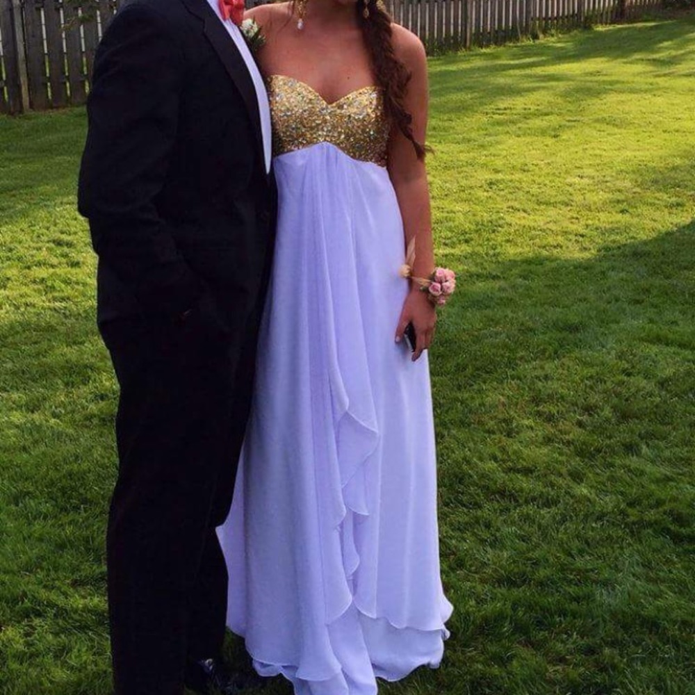 Strapless White Prom Dress with gold beading