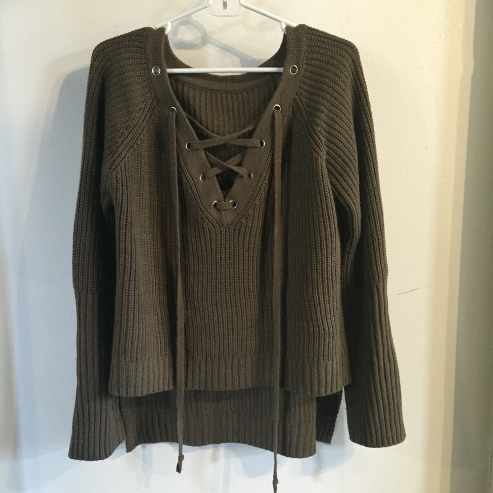 Brown sweater with lace tie detail