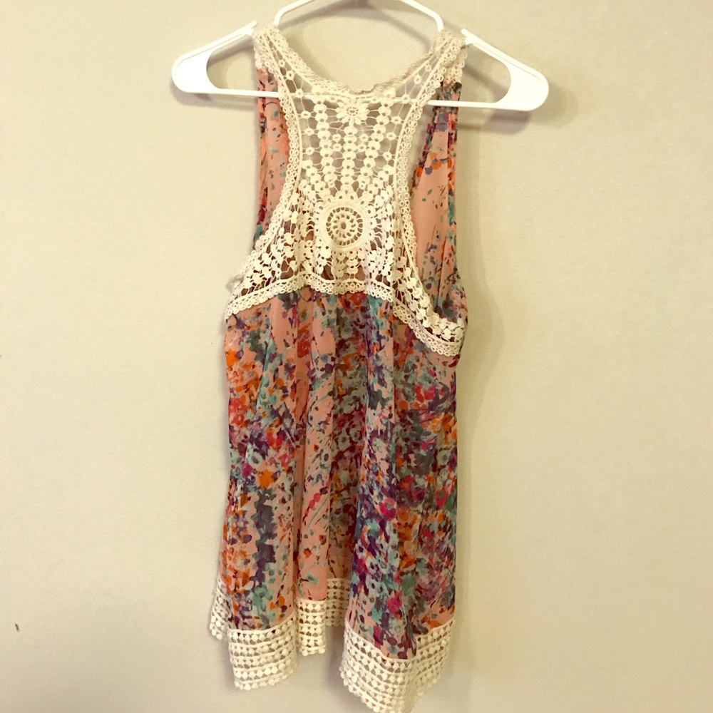 Floral chiffon tank w/crochet racerback