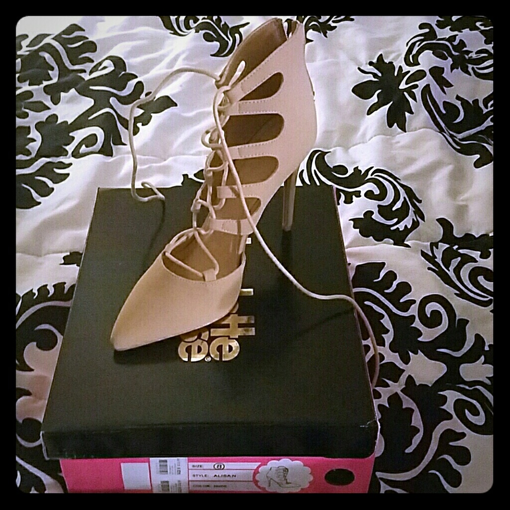 Lace up, nude heels