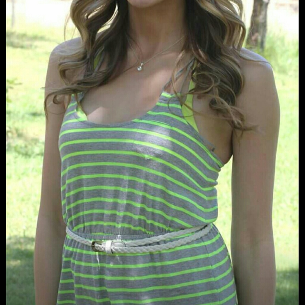 Express grey and lime green stripped dress xs