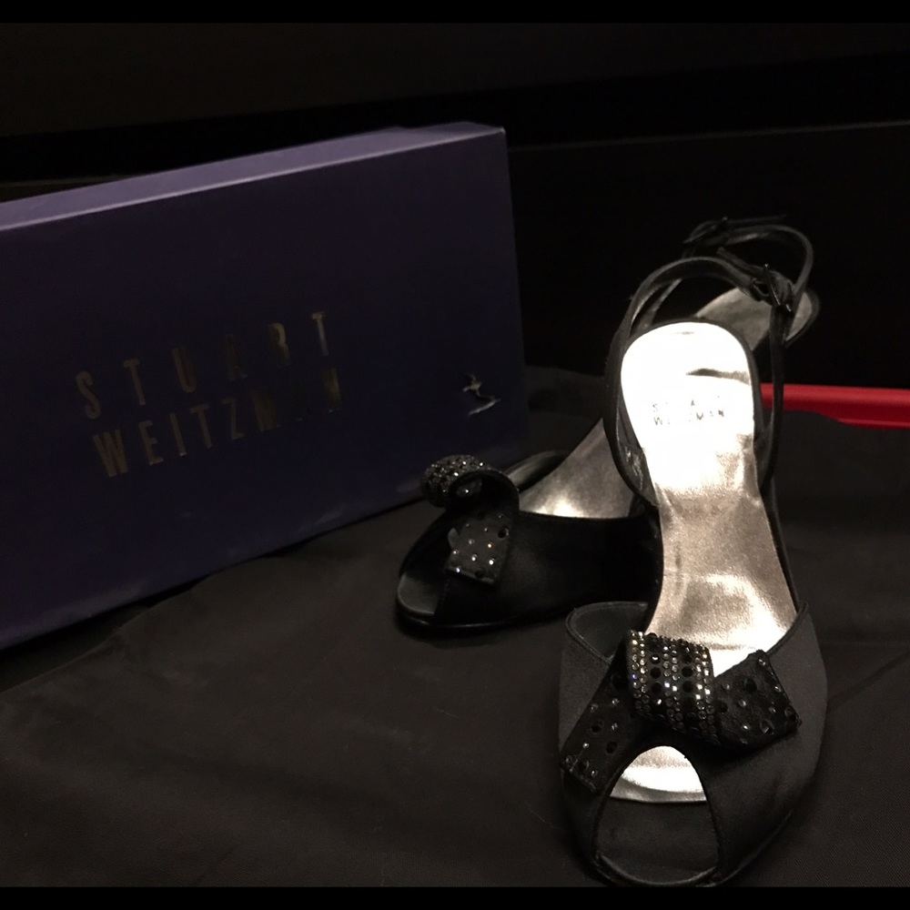 Stuart Weitzman Curlique Black Satin Peeptoe Heels