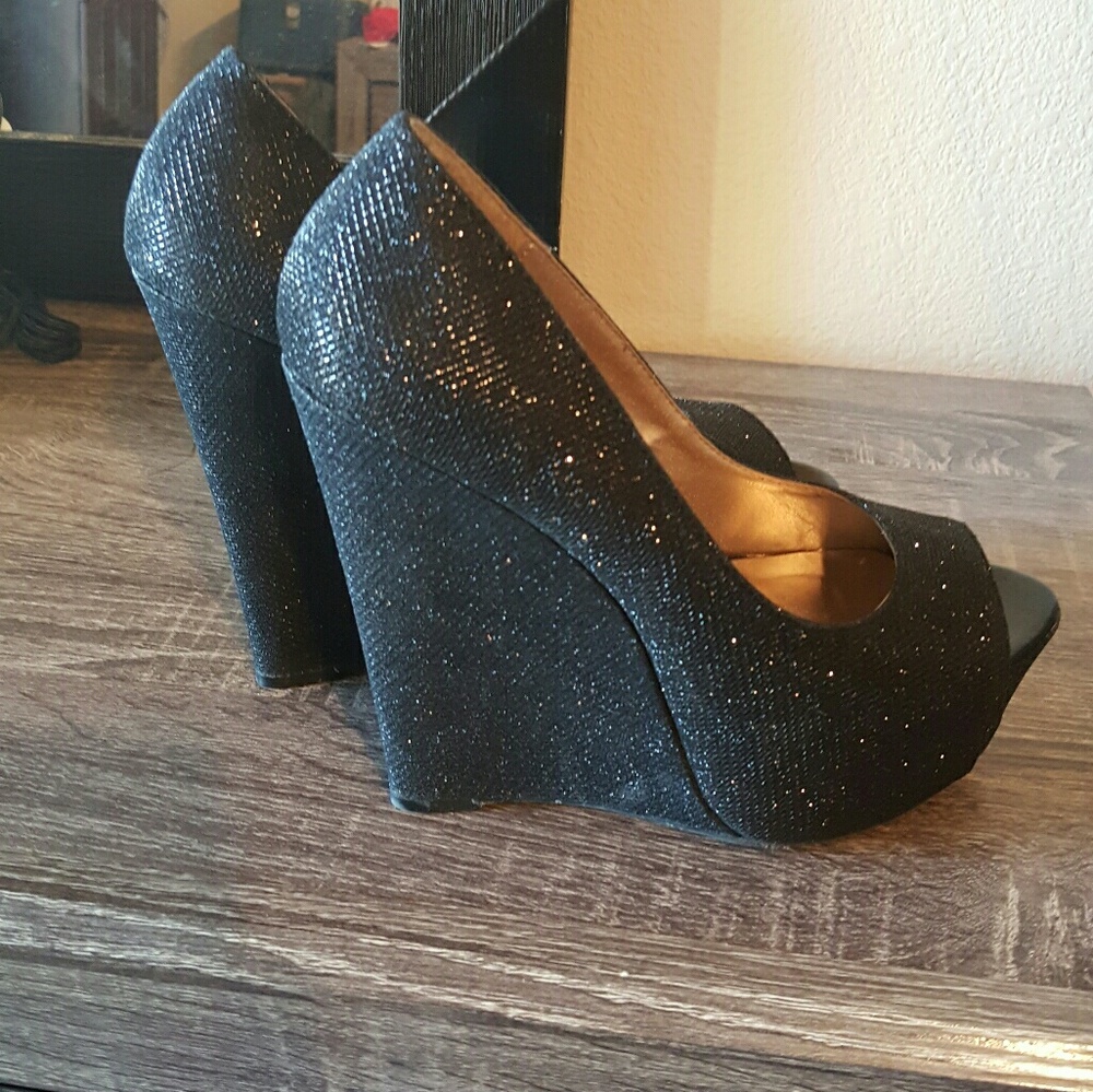 Black sparkle wedge heels