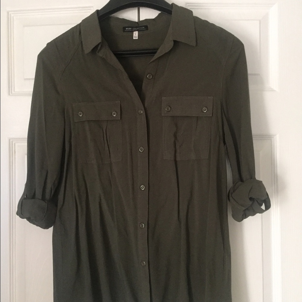 Army Green Button Up Blouse. Dry cleaned.