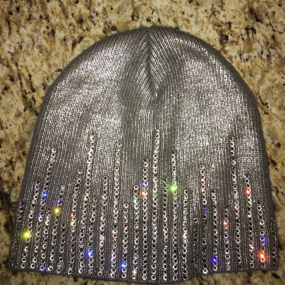 Metallic rhinestoned beanie hat