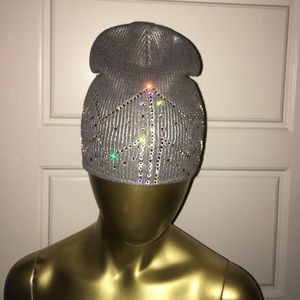 Metallic rhinestoned beanie hat